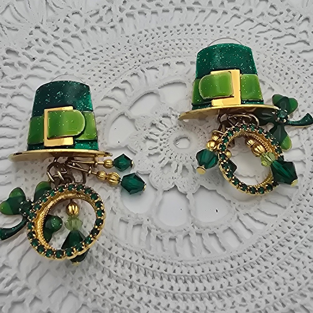 Lunch at The Ritz St Patricks Day Leprechaun Hat Green Clover Earrings